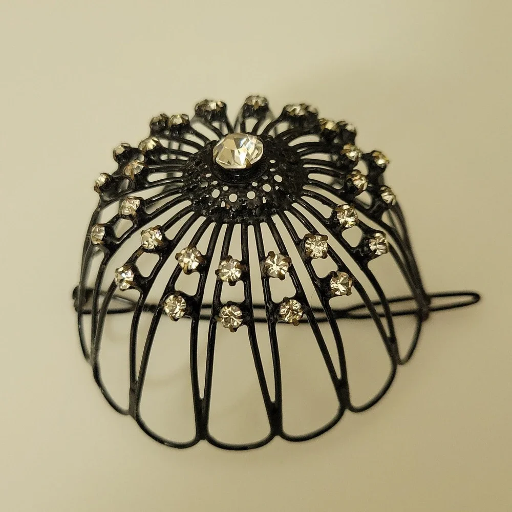 Vintage Black Rhinestone Cage Bun Cover Hair Clip One Size Goth
